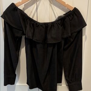 7 For All Mankind Black Ruffle Off-Shoulder Blouse